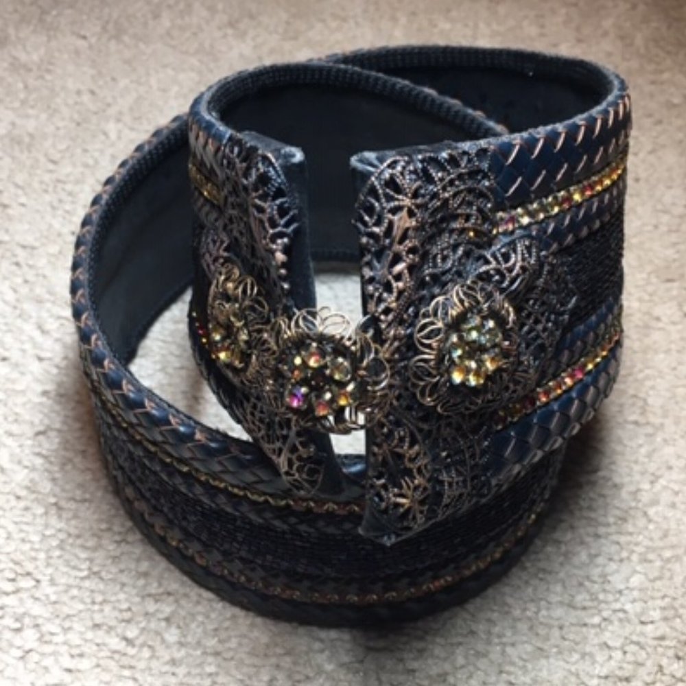 Barrera Beaded Rhinestones Wide Braided Leather BOHO Waist Belt Navy 30" - Picture 10 of 15